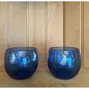 Set Of 2 Vintage Hazel Atlas Colbalt Blue Roly Poly Ships 6 Ounce Glass Votive